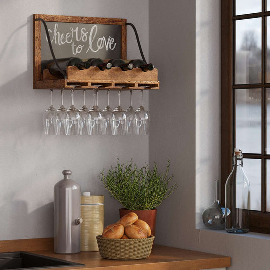 Étagère à vin murale en bois Colmar, support pour verres à vin, organiseur pour 4 bouteilles de vin, décoration rustique pour bar à domicile