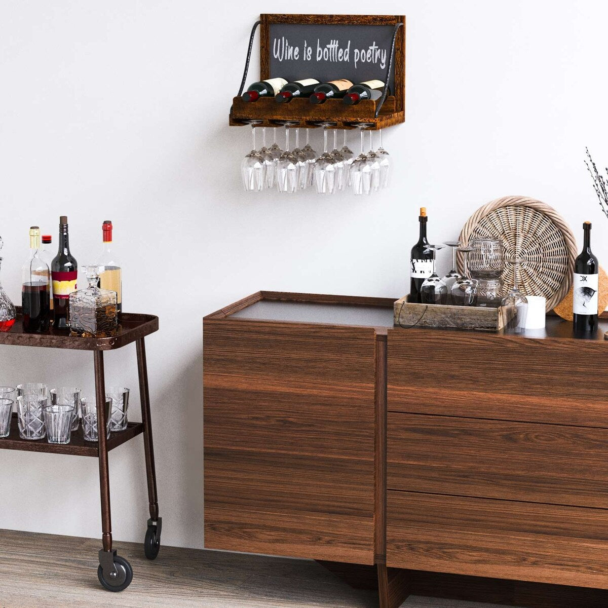 Étagère à vin murale en bois Colmar, support pour verres à vin, organiseur pour 4 bouteilles de vin, décoration rustique pour bar à domicile