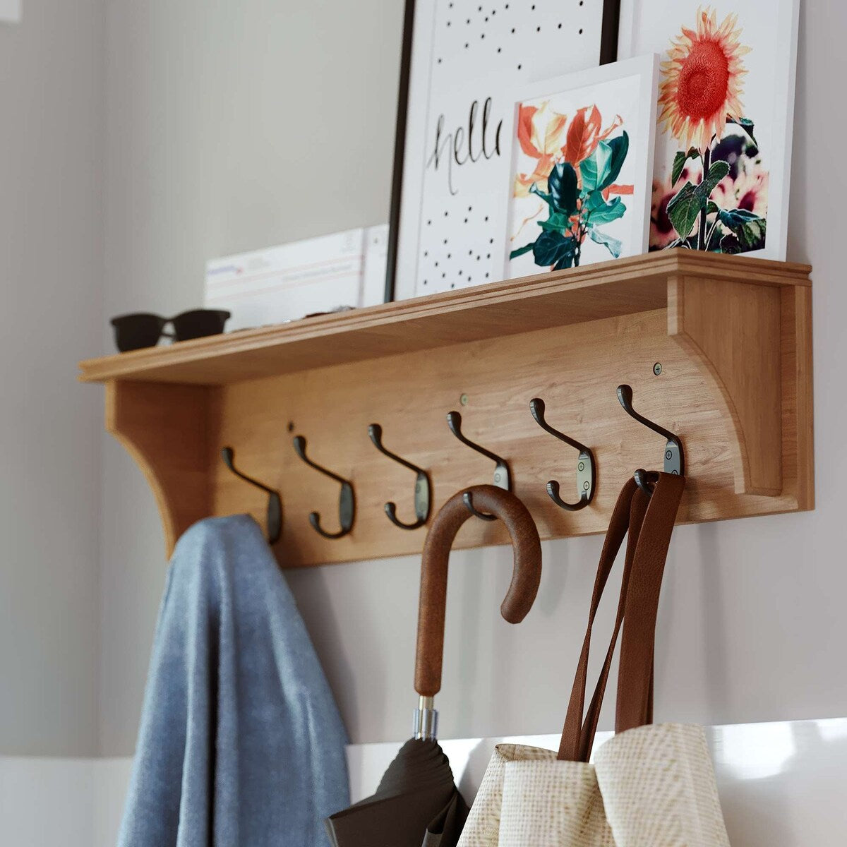 Porte-clés mural en bois, porte-courrier décoratif avec étagère, grandes patères