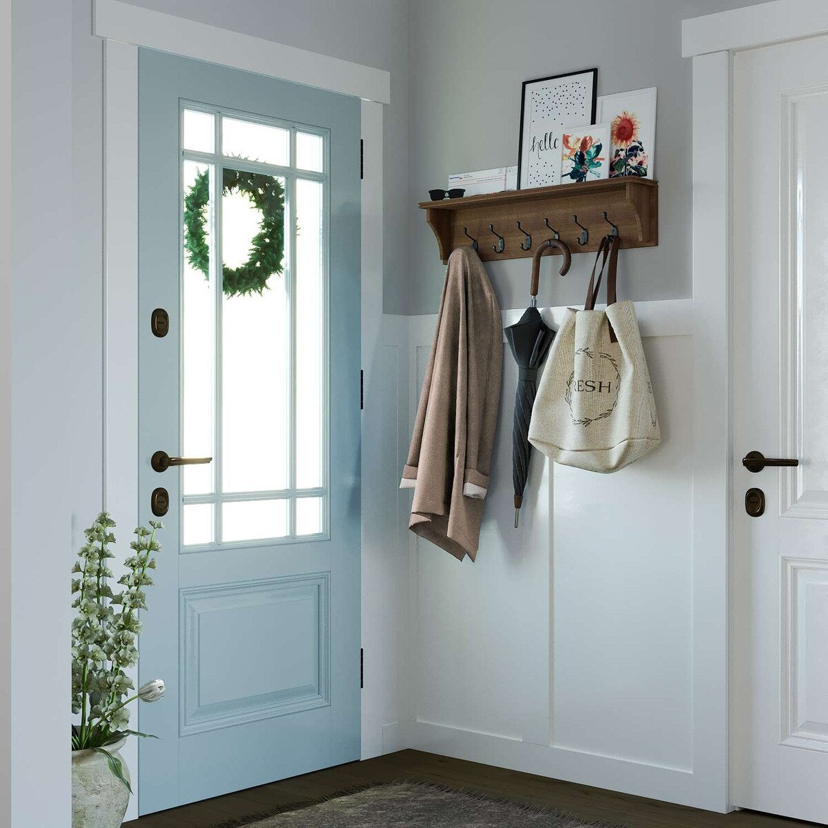 Porte-clés mural en bois, porte-courrier décoratif avec étagère, grandes patères