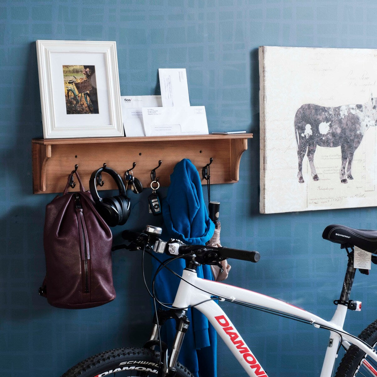 Porte-clés mural en bois, porte-courrier décoratif avec étagère, grandes patères