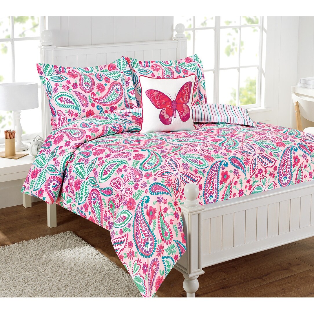 Parure de lit à motif floral rose aquarelle avec coussin décoratif papillon