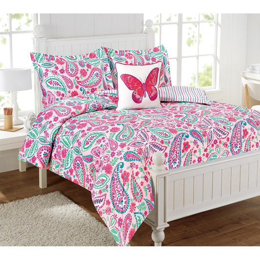 Parure de lit à motif floral rose aquarelle avec coussin décoratif papillon