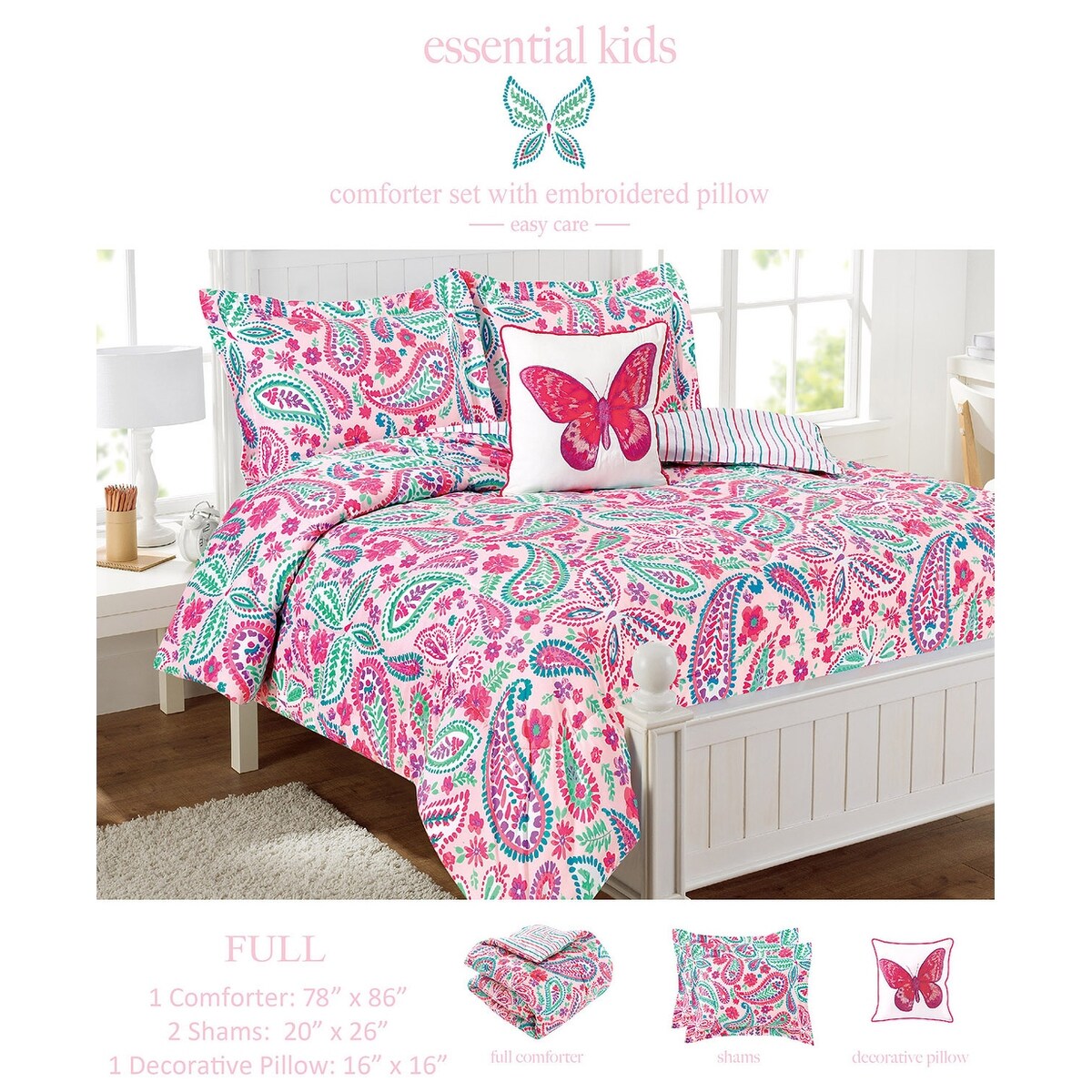 Parure de lit à motif floral rose aquarelle avec coussin décoratif papillon
