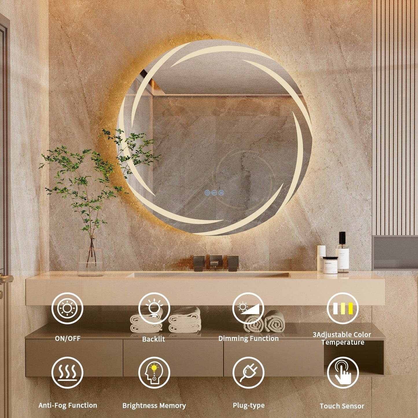 Miroir de salle de bain tactile à LED étanche, antibuée, à intensité variable