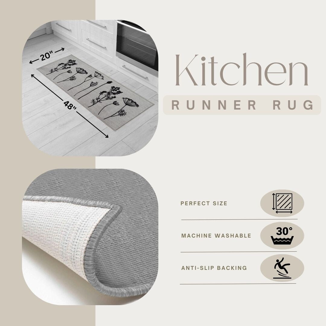 Tapis de cuisine ou de couloir effet laine à motifs de fleurs sauvages