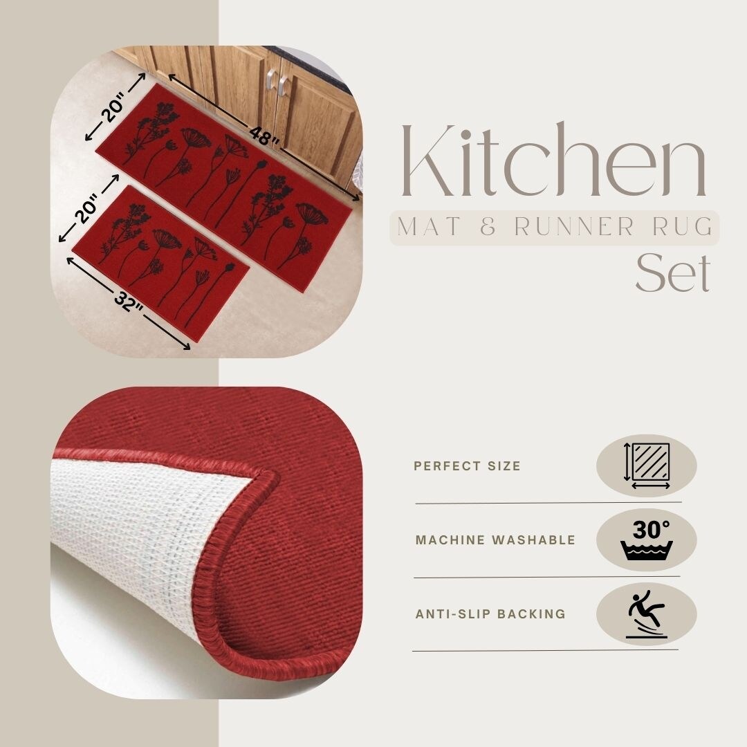 Tapis de cuisine ou de couloir effet laine à motifs de fleurs sauvages