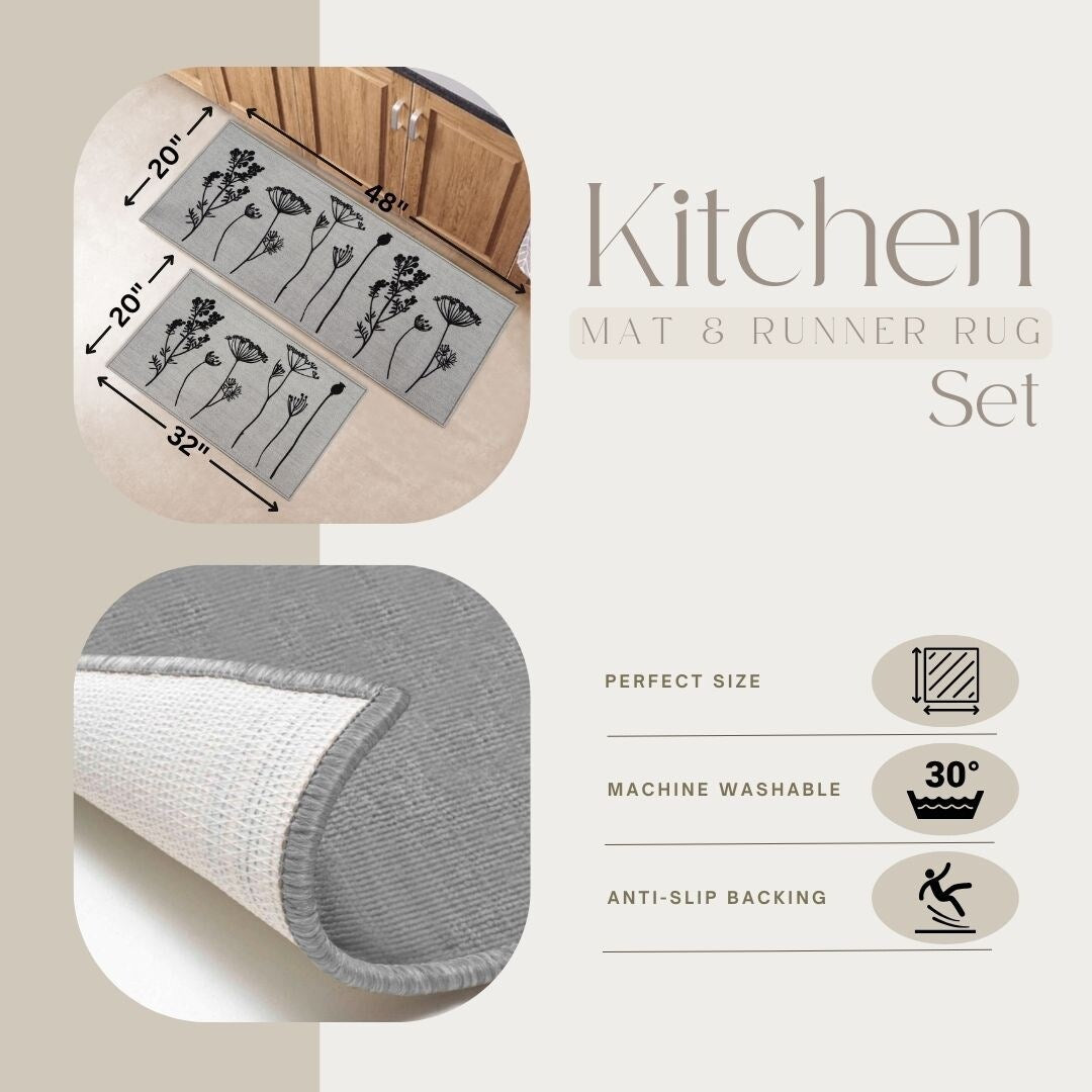 Tapis de cuisine ou de couloir effet laine à motifs de fleurs sauvages