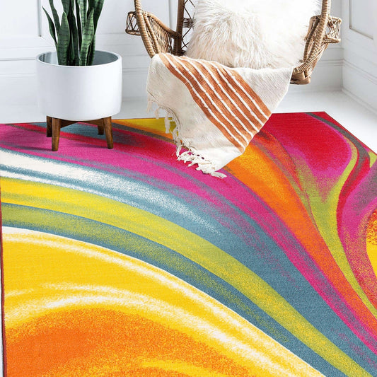 Tapis antidérapant multicolore à vagues contemporaines et modernes de la World Rug Gallery