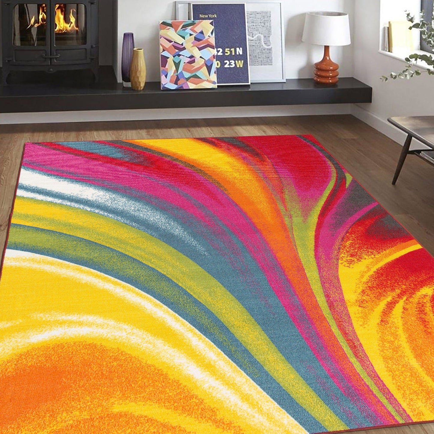 Tapis antidérapant multicolore à vagues contemporaines et modernes de la World Rug Gallery