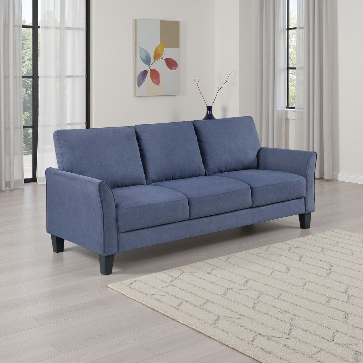 Canapé Xumo, tissu bleu, 200 cm, pieds fuselés en bois noir