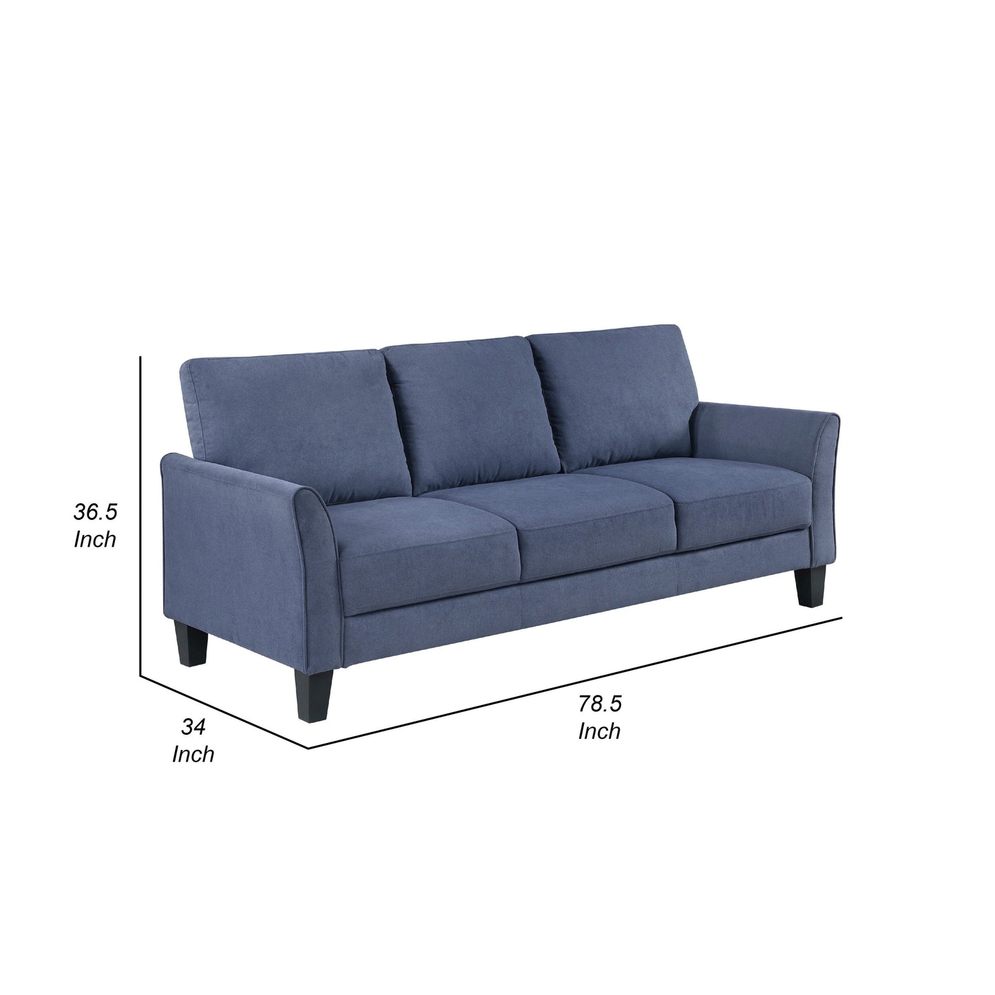 Canapé Xumo, tissu bleu, 200 cm, pieds fuselés en bois noir