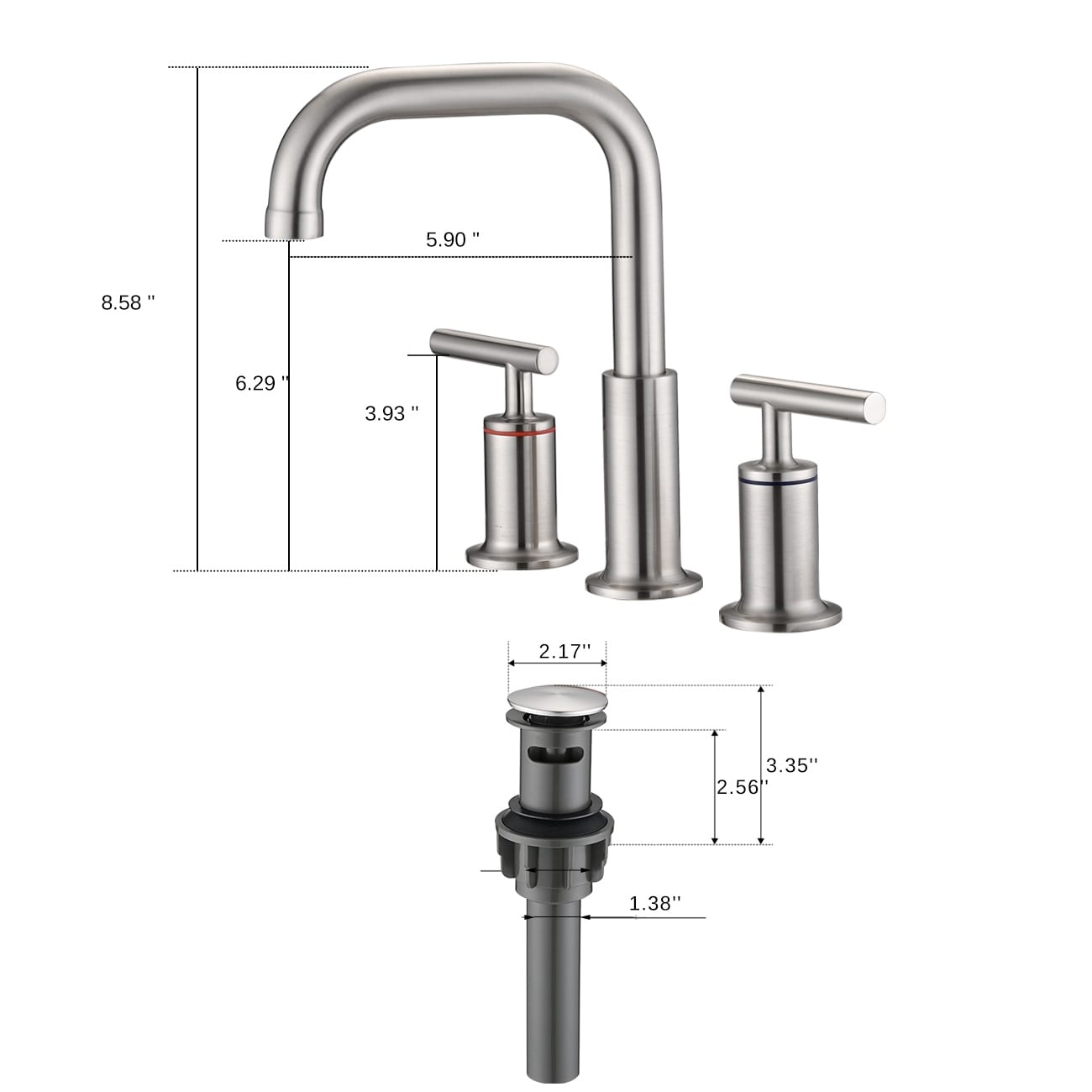 Robinet de lavabo de salle de bain de luxe Yasinu de 8 pouces avec bonde escamotable