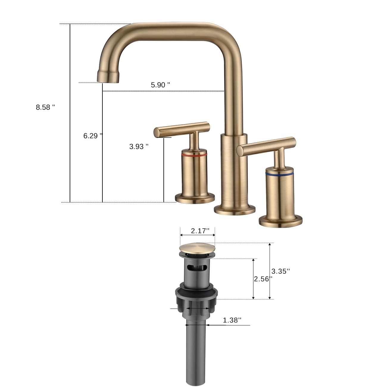 Robinet de lavabo de salle de bain de luxe Yasinu de 8 pouces avec bonde escamotable