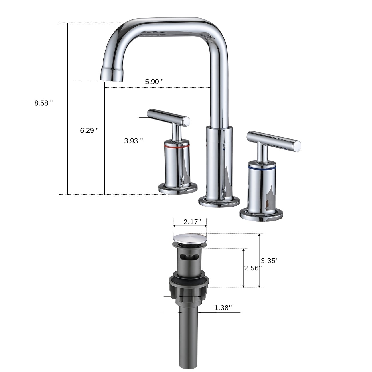 Robinet de lavabo de salle de bain de luxe Yasinu de 8 pouces avec bonde escamotable