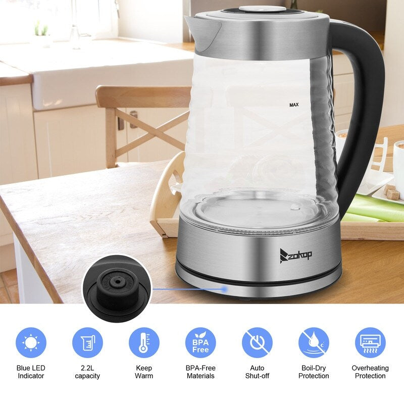 Bouilloire électrique ZOKOP 0,58 gal 1 200 W en verre borosilicaté avec poignée électronique