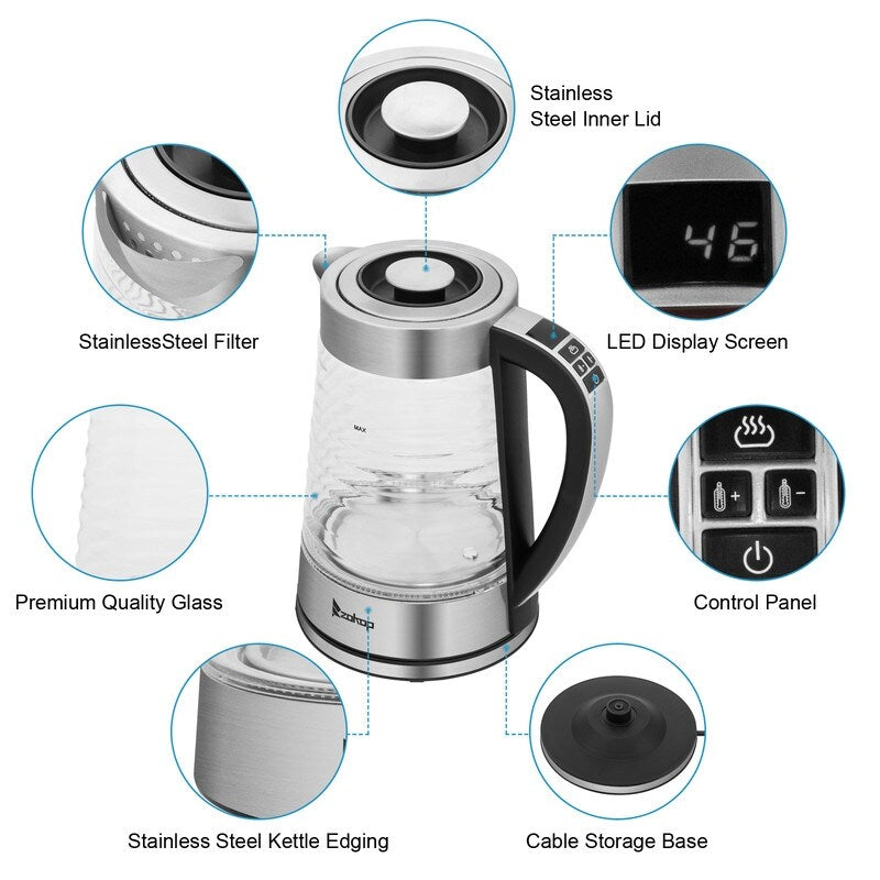 Bouilloire électrique ZOKOP 0,58 gal 1 200 W en verre borosilicaté avec poignée électronique