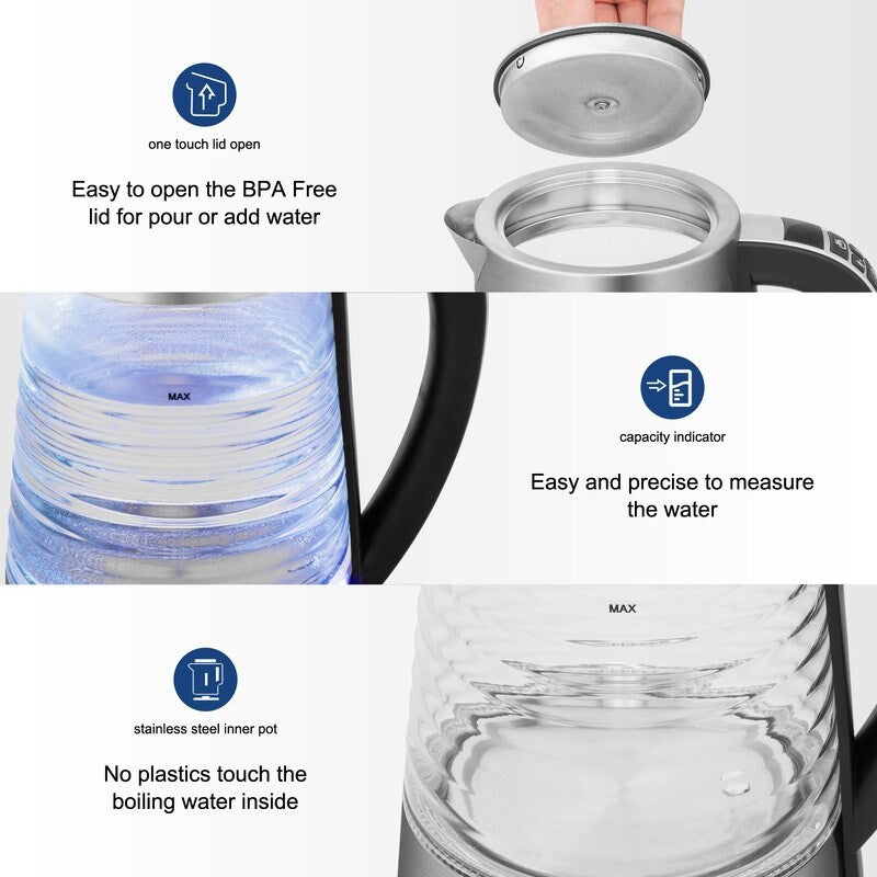 Bouilloire électrique ZOKOP 0,58 gal 1 200 W en verre borosilicaté avec poignée électronique