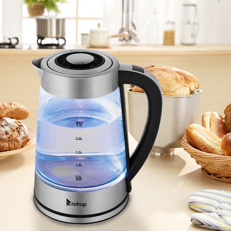Bouilloire électrique ZOKOP 0,58 gal 1 200 W en acier inoxydable et verre avec poignée électronique