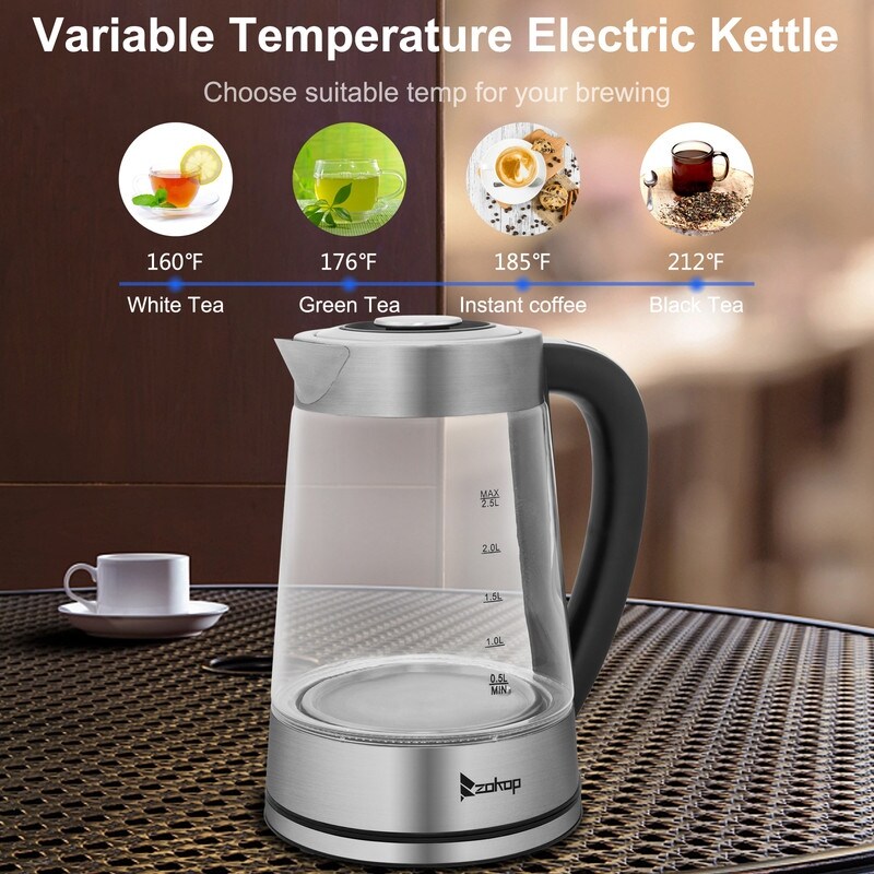 Bouilloire électrique ZOKOP 0,58 gal 1 200 W en acier inoxydable et verre avec poignée électronique