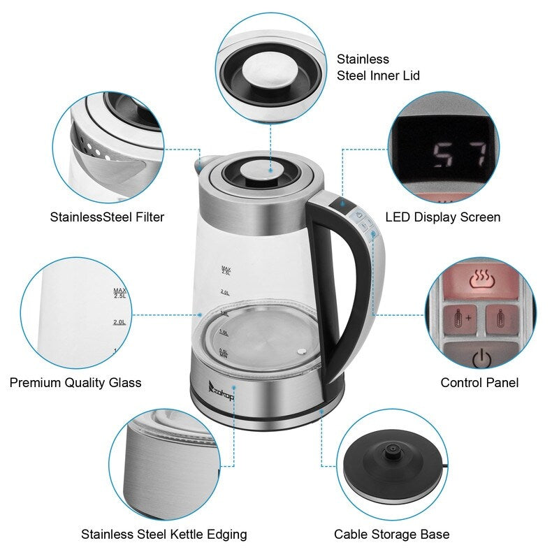 Bouilloire électrique ZOKOP 0,58 gal 1 200 W en acier inoxydable et verre avec poignée électronique