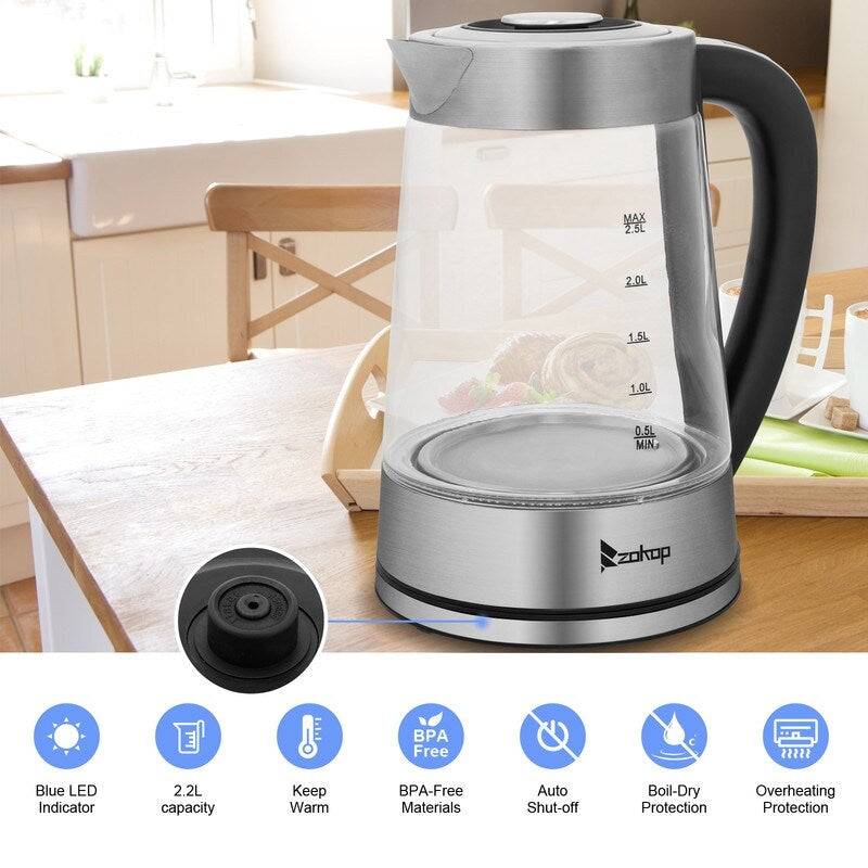 Bouilloire électrique ZOKOP 0,58 gal 1 200 W en acier inoxydable et verre avec poignée électronique