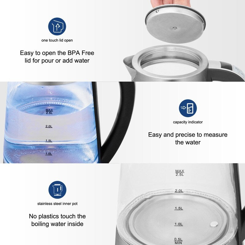 Bouilloire électrique ZOKOP 0,58 gal 1 200 W en acier inoxydable et verre avec poignée électronique