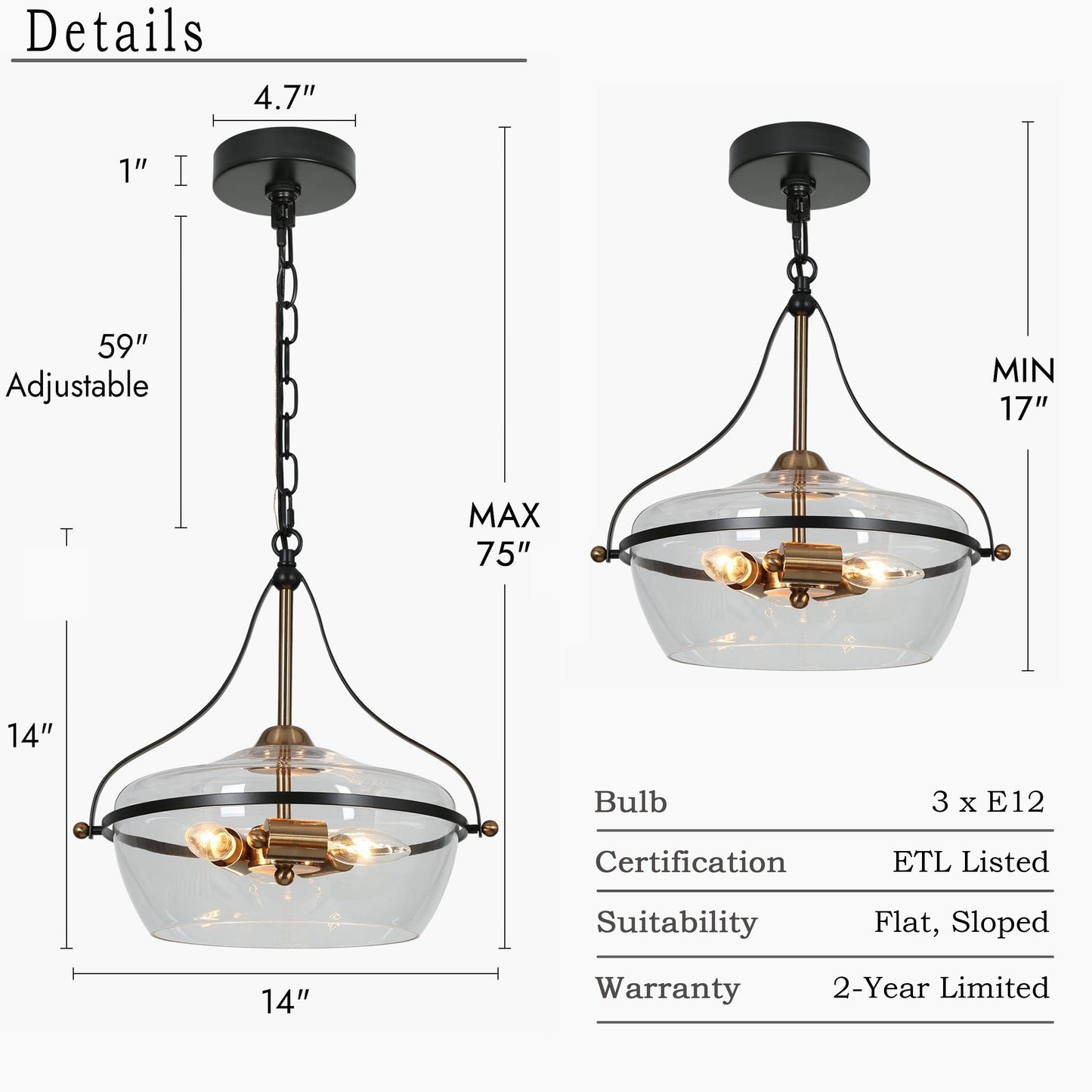 Lustre Zelena moderne de style ferme noir et or, suspension en verre à 3 lumières pour îlot de cuisine et salle à manger